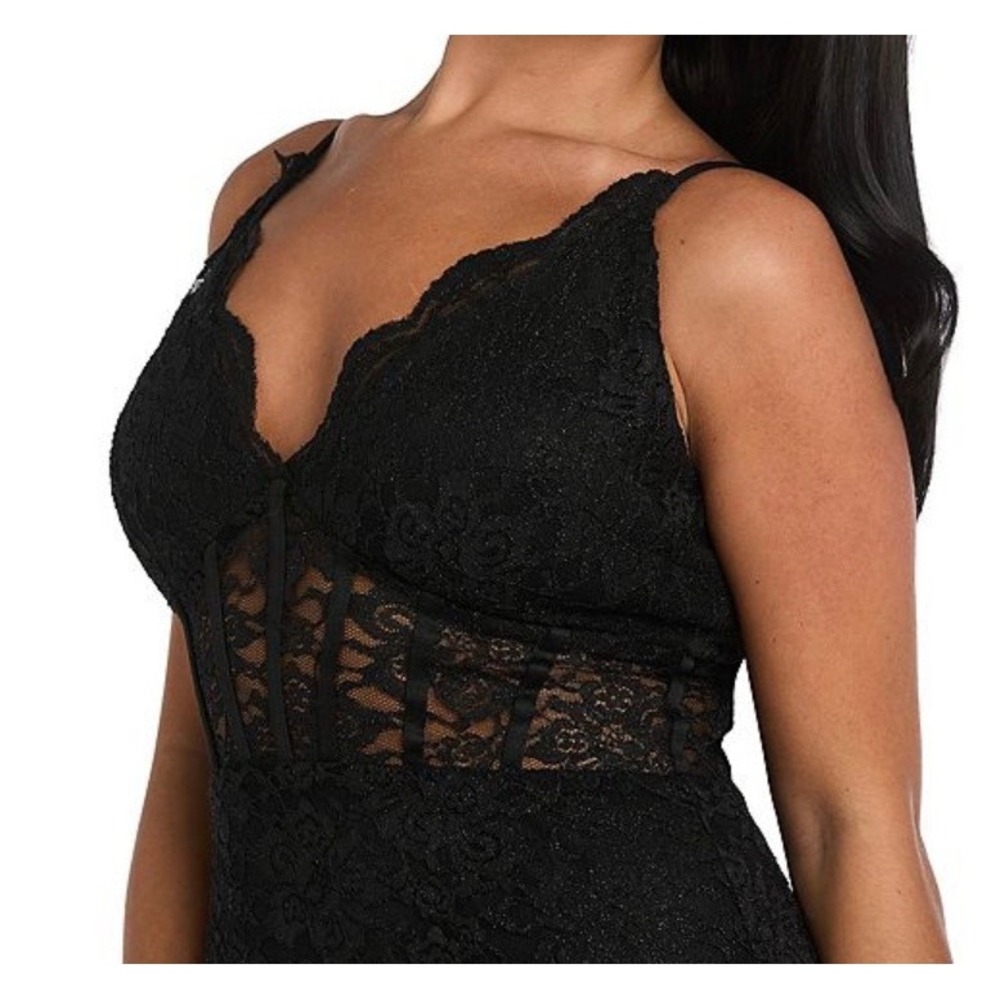 Morgan & Co Black Glitter Lace Corset Gown Maxi Dress Size 3 Slit Formal - Picture 5 of 7